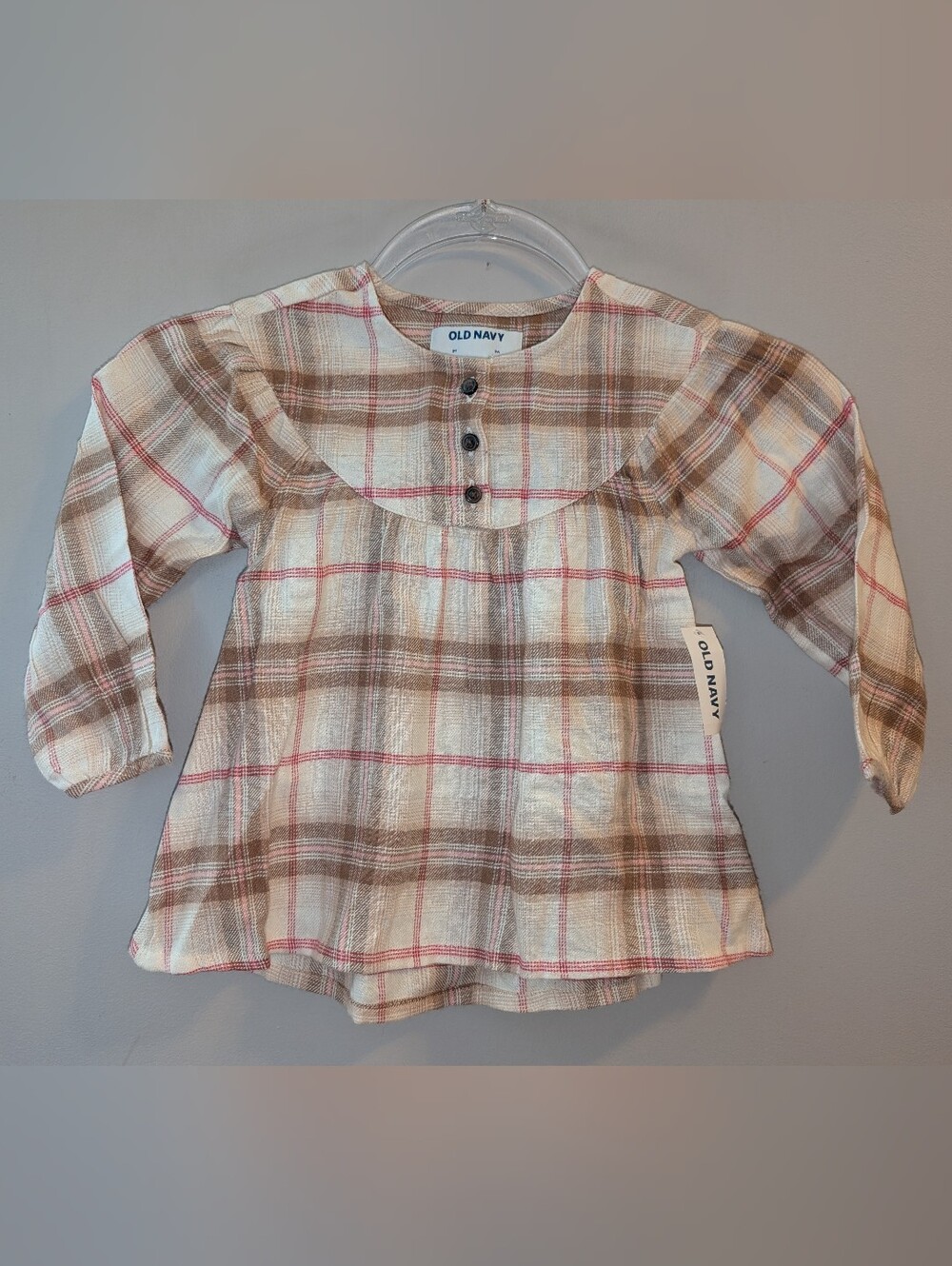 🆕 Old Navy Beige Neutral & Pink Plaid Girls Button Yoke Flannel Top Blouse 3T